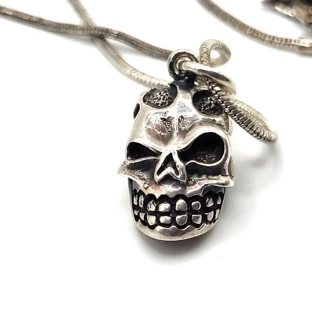 Sterling Silver Skull Pendant Necklace 24in signed 925